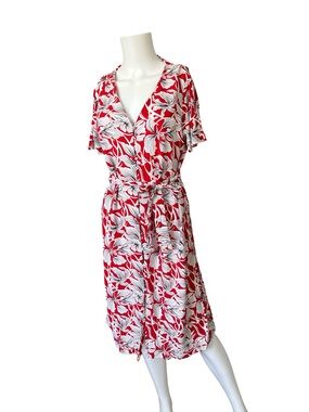 Mango MNG Red Floral Dress Button Front Short Sleeve Colorful Boho Womens Size 6